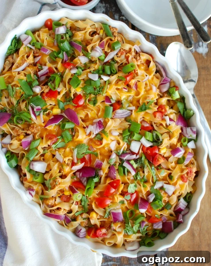Fiesta Noodle Bake 7 A serving of Easy Mexican Noodle Casserole garnished with fresh red onion, cilantro, and avocado.