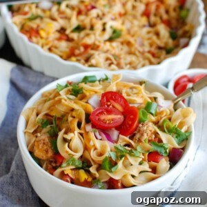 Easy Mexican Noodle Casserole makes weeknight meals easy, fun and festive with a colorful casserole packed with No Yolk Noodles, colorful vegetables, ground turkey, spices and cheese. This dish will quickly become a family favorite.