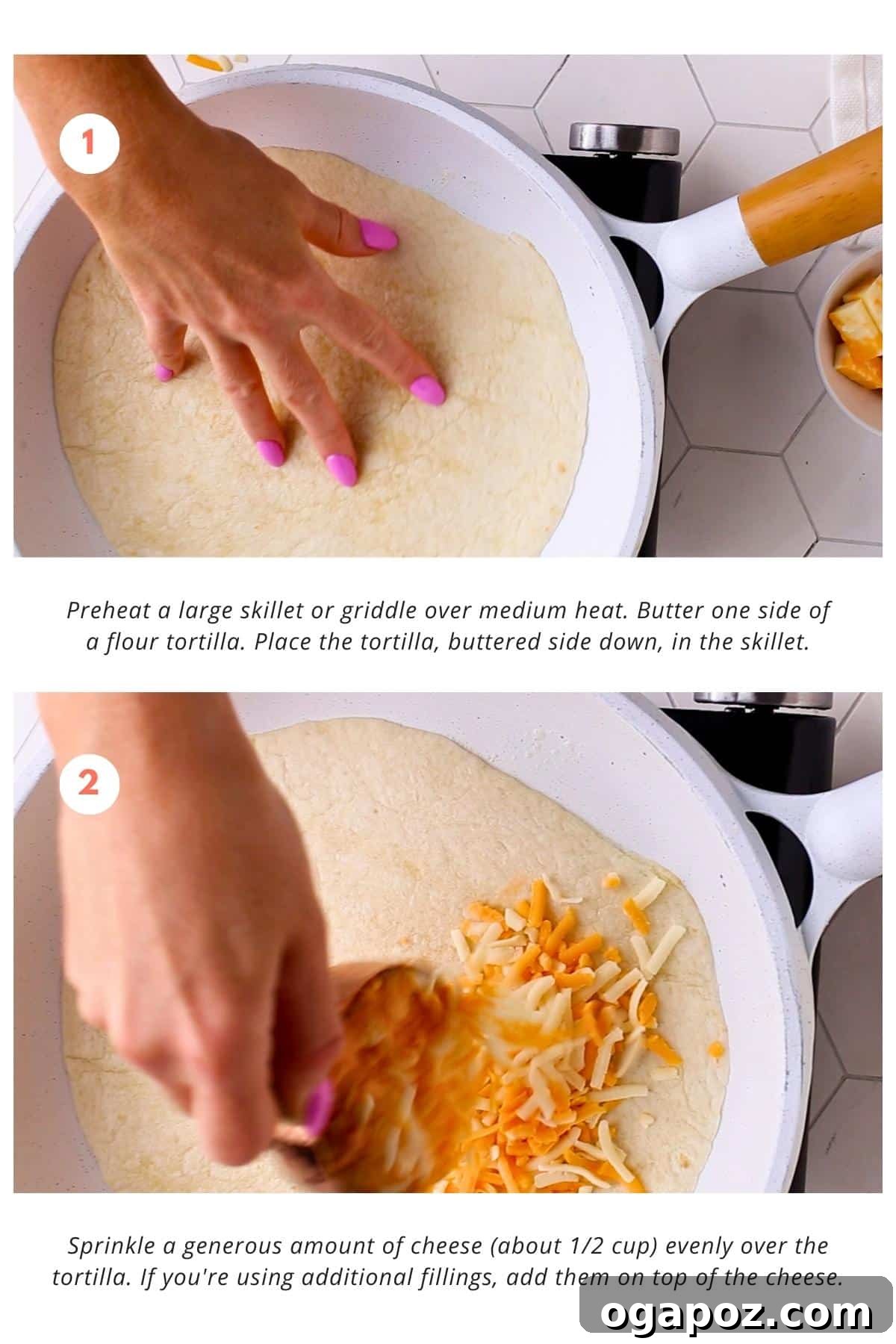 Melted Cheese Delight 6 In a preheated large skillet or griddle over medium heat, place a buttered flour tortilla, buttered side down. Sprinkle a generous amount of shredded cheese evenly over the tortilla, along with any additional fillings if desired.