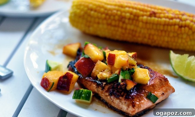 Flaky Salmon with Bright Nectarine Salsa 8 Cooked salmon served with a fresh, colorful nectarine salsa, ready to eat