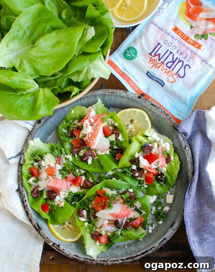 Refreshing Mediterranean Surimi Wraps 3 Close-up of Mediterranean Surimi Lettuce Wraps, highlighting the vibrant colors and textures of fresh ingredients.
