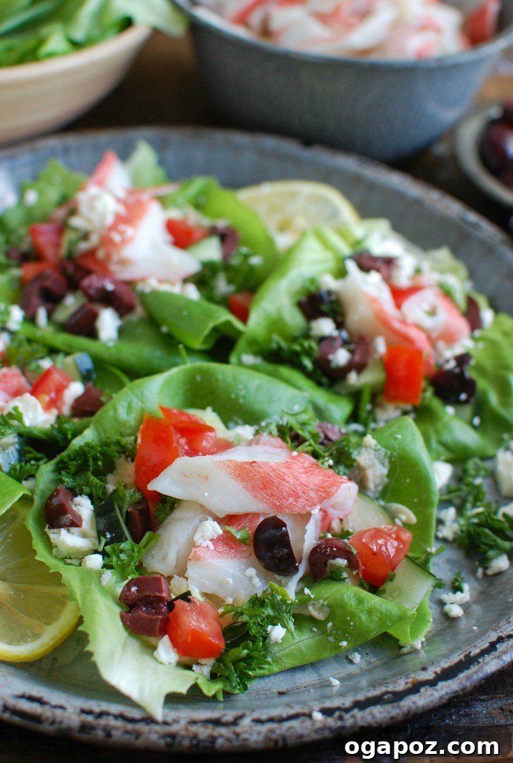 Refreshing Mediterranean Surimi Wraps 4 Artfully plated Mediterranean Surimi Lettuce Wraps, ready to be enjoyed as a healthy and flavorful meal.