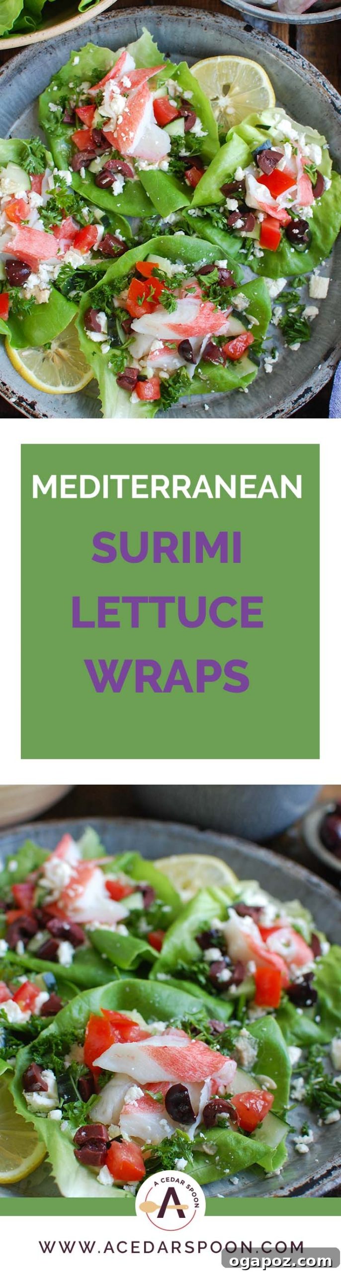 Refreshing Mediterranean Surimi Wraps 7 Overhead shot of a platter of Mediterranean Surimi Lettuce Wraps, featuring a vibrant and inviting display of fresh ingredients.