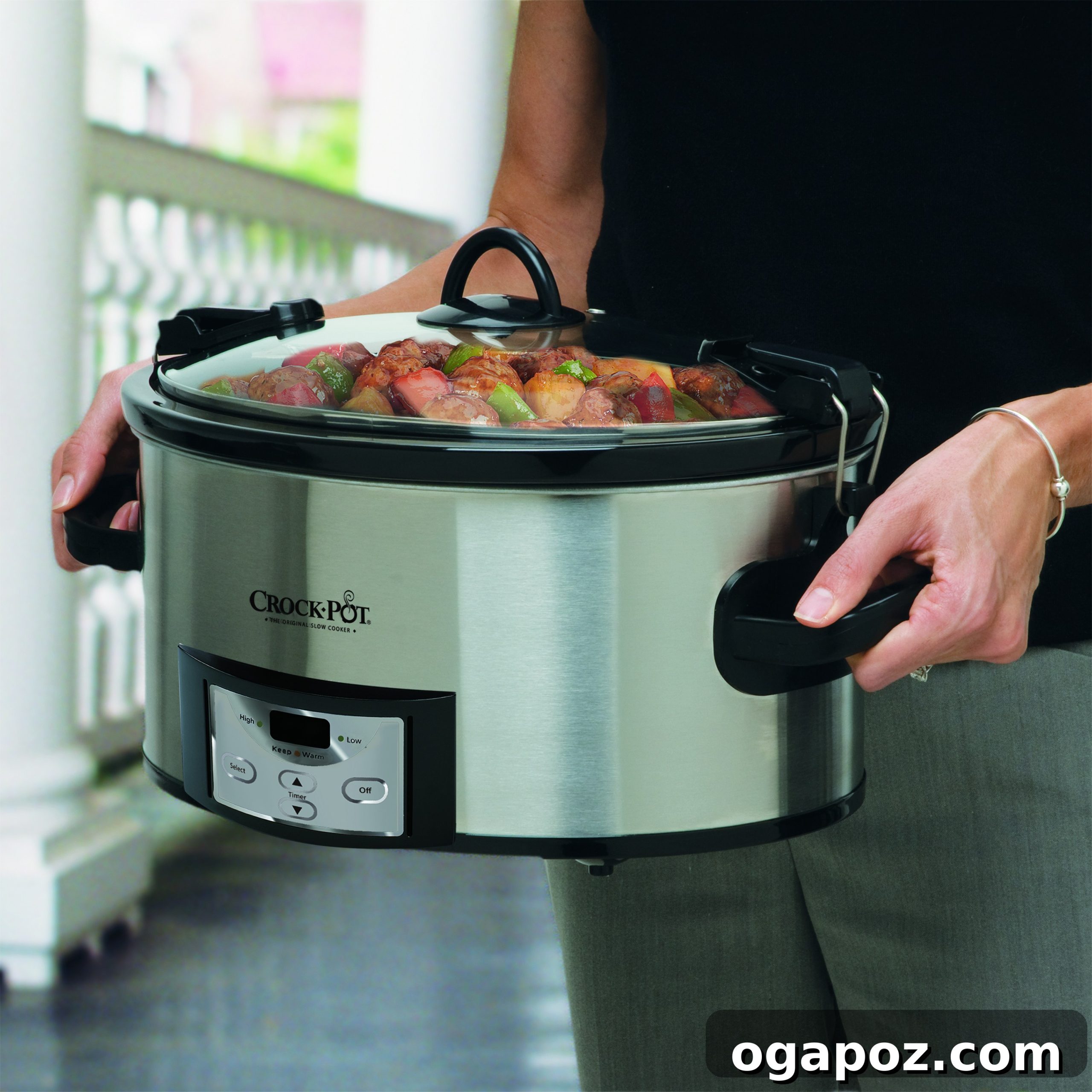 Slow-Cooked Cajun Jambalaya Soup 4 Crock-Pot® 6-Quart Programmable Cook & Carry™ Slow Cooker, ideal for making and transporting meals like Jambalaya Soup.