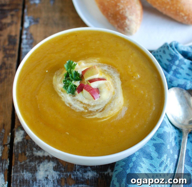 Golden Butternut Apple Slow Cooker Soup 3 Slow Cooker Butternut Squash Apple Soup garnished with fresh apple slices.