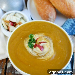 Slow Cooker Butternut Squash Apple Soup is a creamy fall soup that will warm you up. Butternut squash, apples and spices simmer in the crockpot to create an easy meal that is healthy and makes a nice lunch or addition to a dinner.
