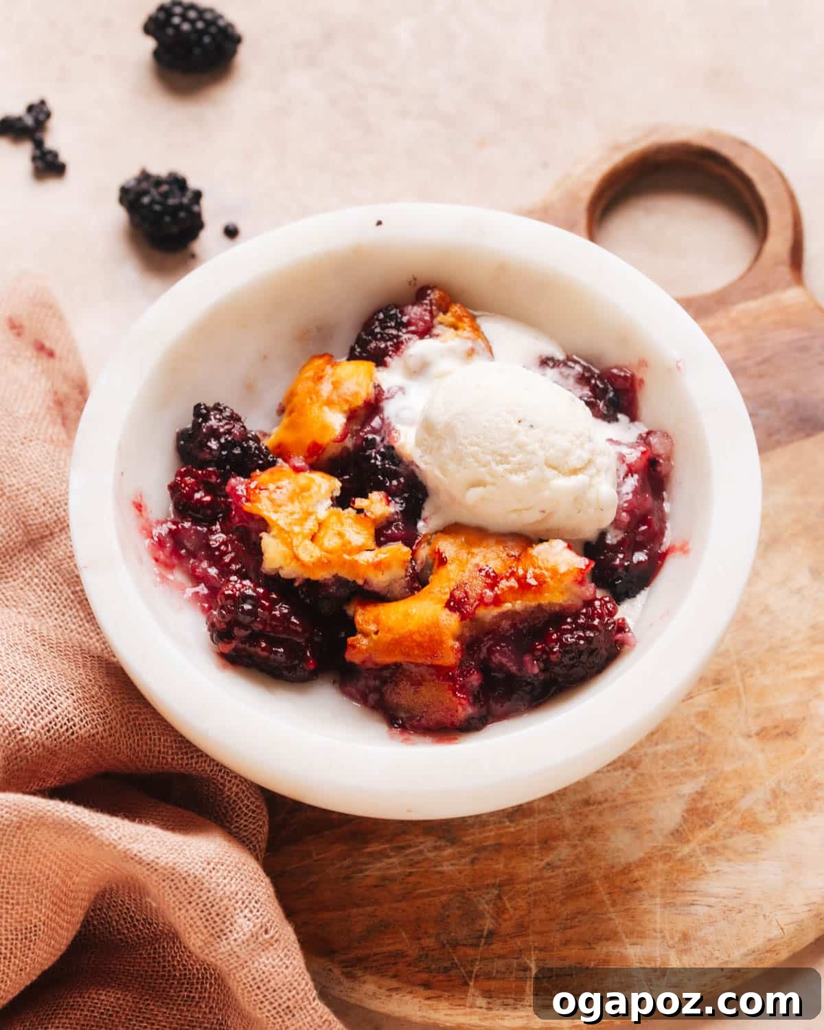 Homestyle Blackberry Cobbler 2 Fresh blackberry cobbler topped with a dollop of vanilla ice cream in a white dish. The dish is set on a wooden cutting board with a kitchen cloth. Fresh blackberries are displayed in the background.