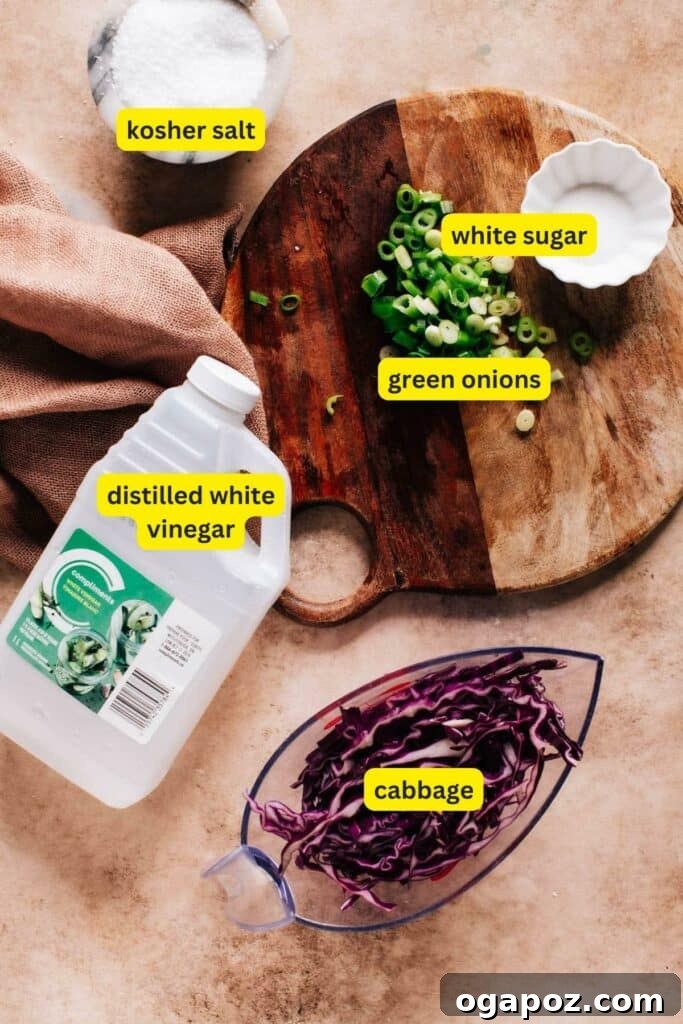Zesty Fish Taco Slaw 3 All the essential ingredients for making the best cabbage slaw for fish tacos, including fresh cabbage, green onions, distilled white vinegar, kosher salt, and white sugar, artfully arranged on a kitchen counter.