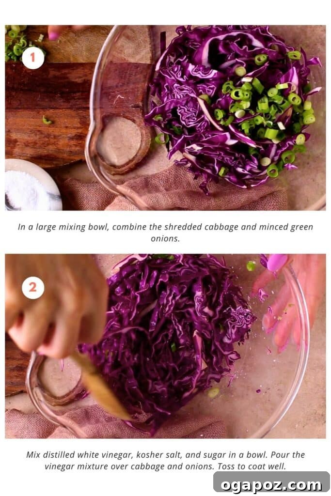 Zesty Fish Taco Slaw 4 A visual guide showing the easy steps to make cabbage slaw for fish tacos: combining shredded vegetables, pouring the homemade dressing, and thoroughly tossing to coat.