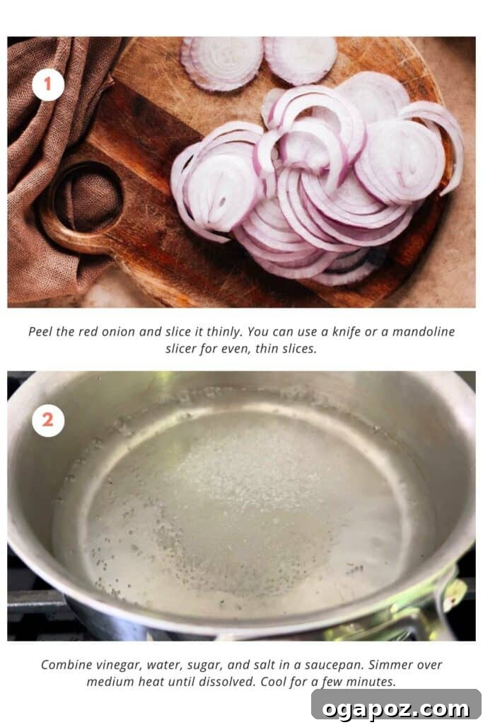 Instant 5-Minute Pickled Onions 4 Two images side by side. Left: Thinly sliced red onions on a cutting board. Right: A small saucepan with the pickling liquid (vinegar, water, sugar, salt) simmering gently.