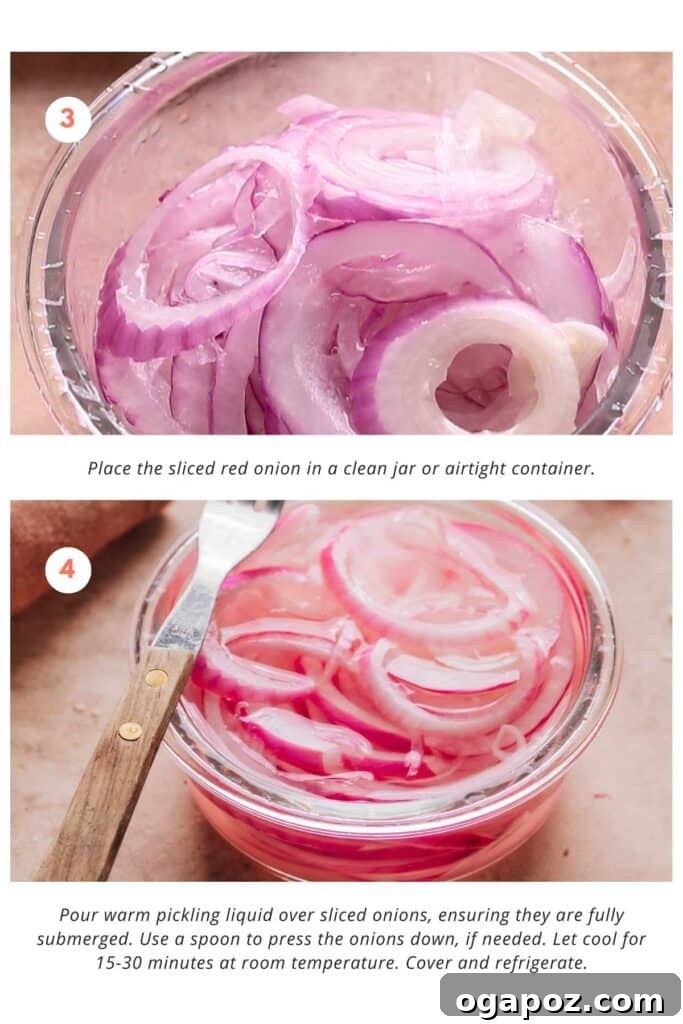 Instant 5-Minute Pickled Onions 5 Two images side by side. Left: Thinly sliced red onions neatly arranged in a glass jar. Right: Warm pickling liquid being poured over the onions in the jar, ensuring they are fully submerged.