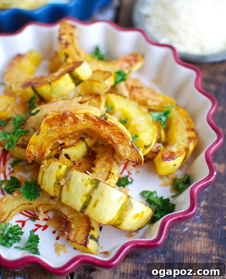 Parmesan Crusted Delicata Squash 2 Golden brown slices of Roasted Parmesan Delicata Squash with fresh herbs.