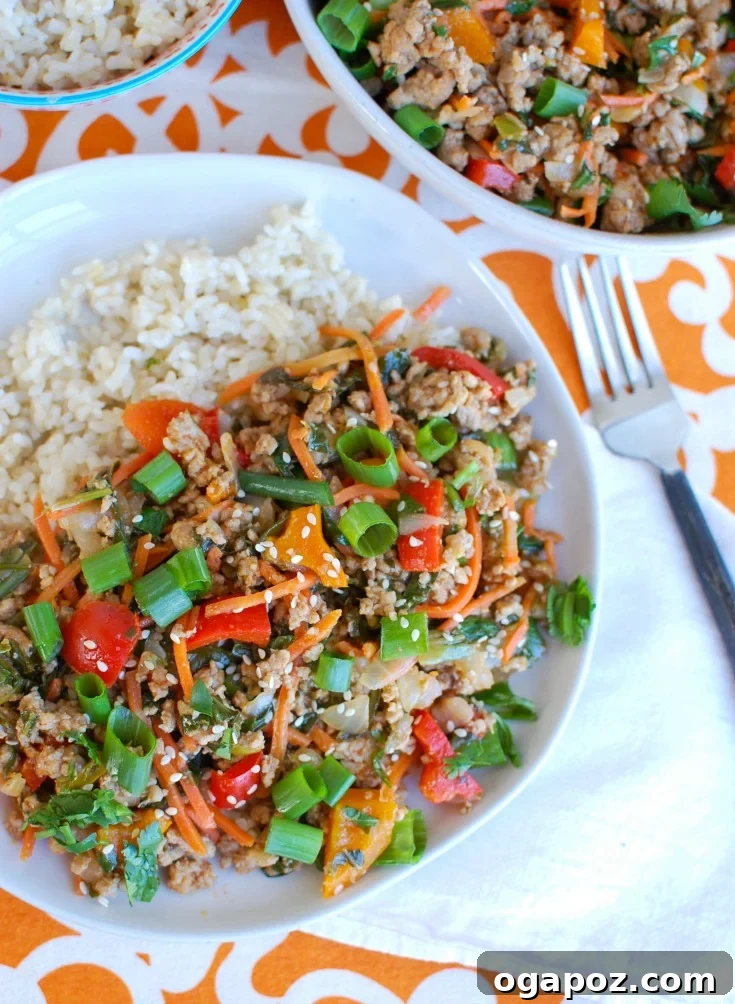 Easy Thai Pork Stir-Fry featuring ground pork, bell peppers, carrots, and bok choy in a spicy and sweet Thai sauce, served over rice.