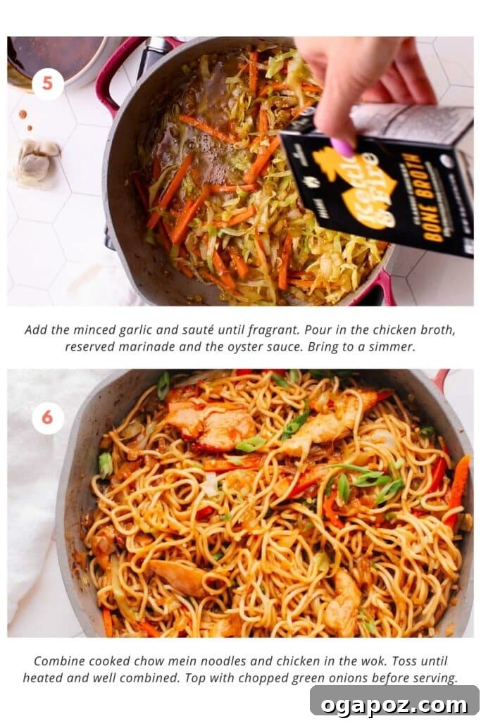 Perfectly Pan-Fried Chow Mein 6 The minced garlic has been sautéed until fragrant, and the chicken broth, reserved marinade, and oyster sauce are simmering in the wok. The cooked chow mein noodles and seared chicken are then reintroduced. Everything is tossed together until perfectly combined and heated through, creating a delicious stir-fry. Finally, a generous sprinkle of chopped green onions adds a vibrant finish just before serving.