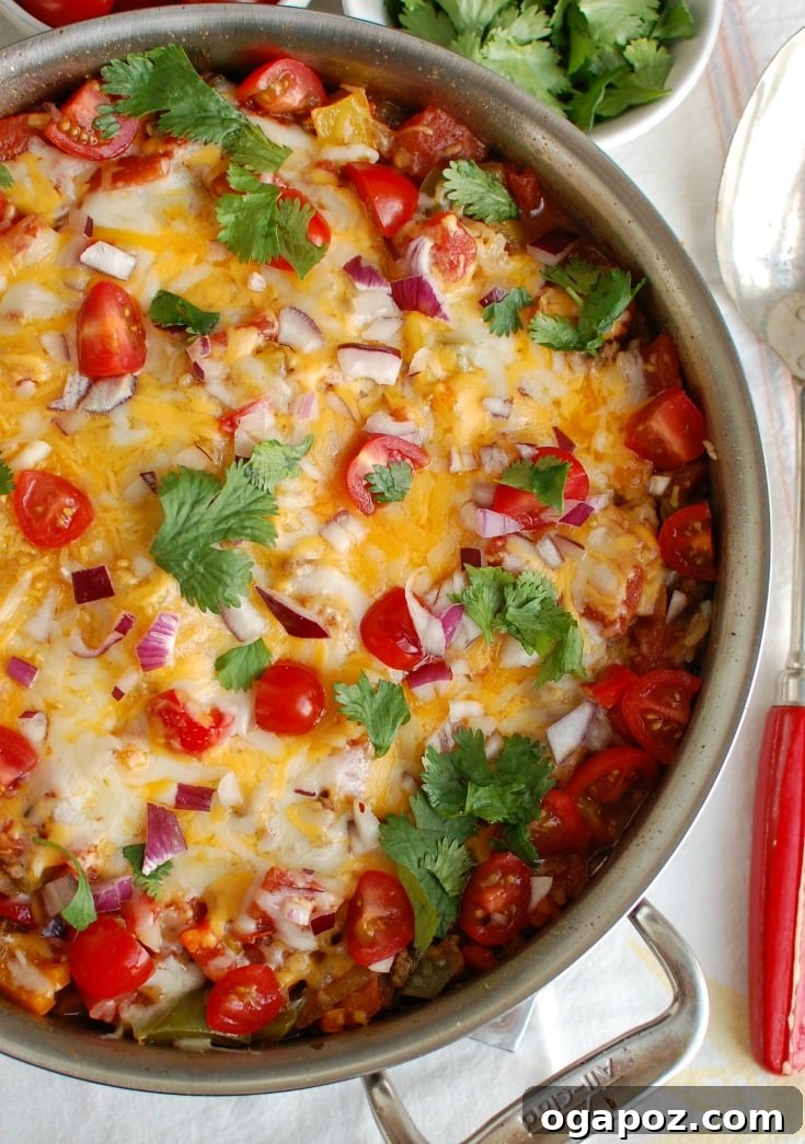Skillet Mexican Unstuffed Pepper Bake 2 One Pot Mexican Stuffed Pepper Casserole in a dish, ready to serve.