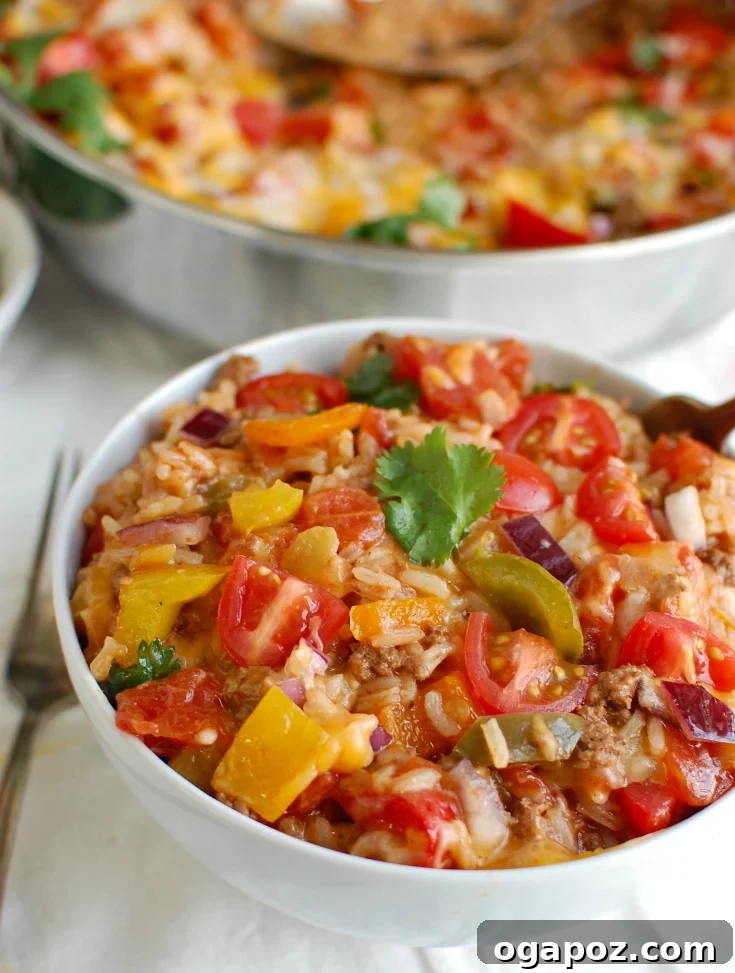 Skillet Mexican Unstuffed Pepper Bake 4 One Pot Mexican Stuffed Pepper Casserole with diced bell peppers visible.