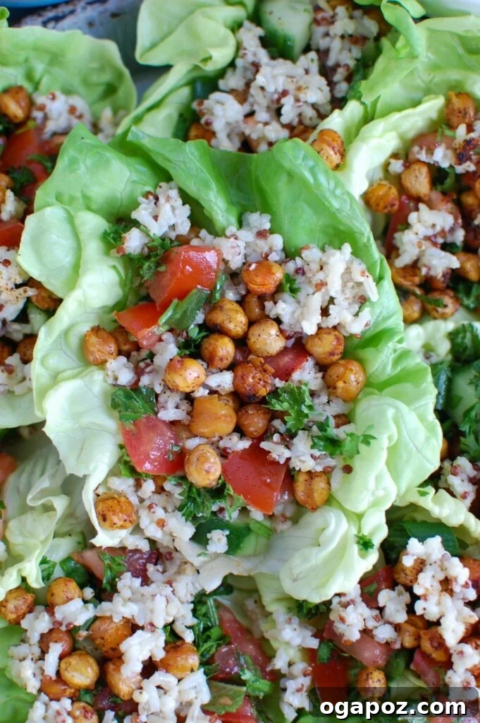 Mediterranean Lettuce Wraps with Sorghum Tabbouleh and Chickpeas 2 Vibrant Mediterranean Sorghum Tabbouleh and Crispy Chickpea Lettuce Wraps, a light and healthy meal inspired by Lebanese cuisine.