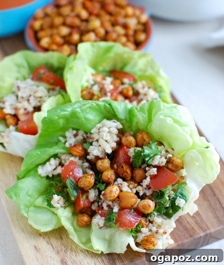 Mediterranean Lettuce Wraps with Sorghum Tabbouleh and Chickpeas 3 Close-up of Mediterranean Sorghum Tabbouleh and Chickpea Lettuce Wraps, highlighting the fresh herbs and crispy chickpeas.