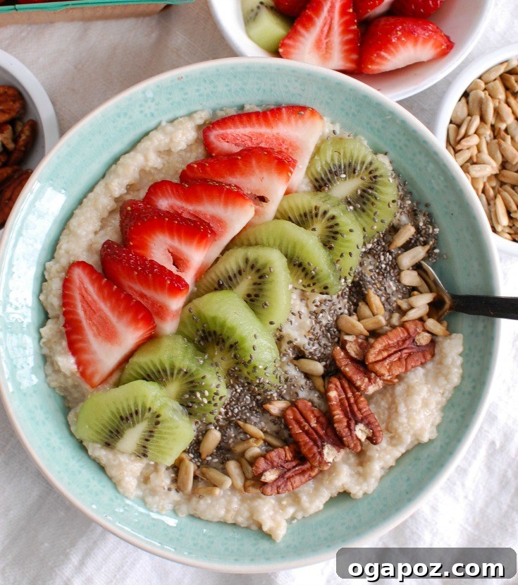 Vibrant Strawberry Kiwi Chia Oat Bran Bowl 4 A top-down view of a Strawberry Kiwi Chia Seed Oat Bran Bowl, showcasing the fresh ingredients and inviting texture.