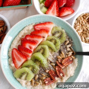 Vibrant Strawberry Kiwi Chia Oat Bran Bowl 6 Start your day with a Strawberry Kiwi Chia Seed Oat Bran Bowl packed with fiber, grains and a delicious combination of strawberry and kiwi. This oat bran bowl can be eaten cold or warm and you can top it with your favorite ingredients.