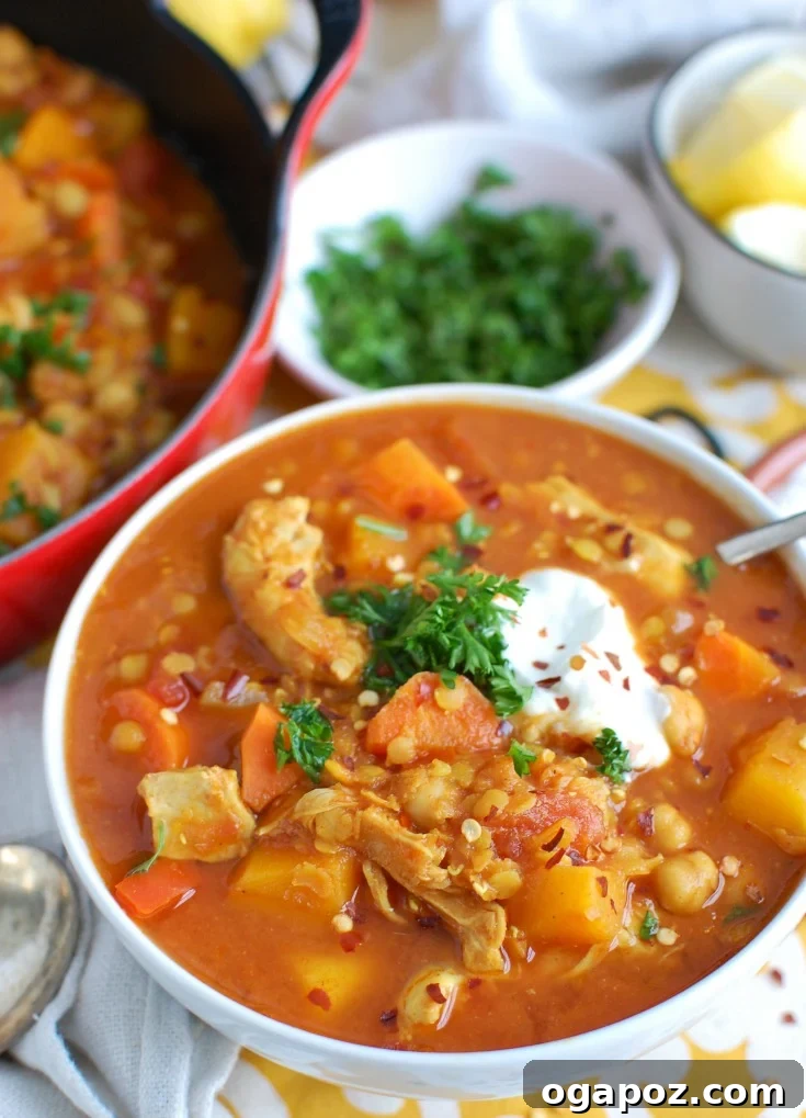 Moroccan Spiced Slow Cooker Chicken Soup 6 Slow Cooker Moroccan Chicken Soup with a spoon, ready to eat