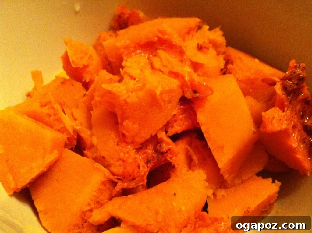 Roasted Butternut Squash Flesh Scooped roasted butternut squash in a bowl