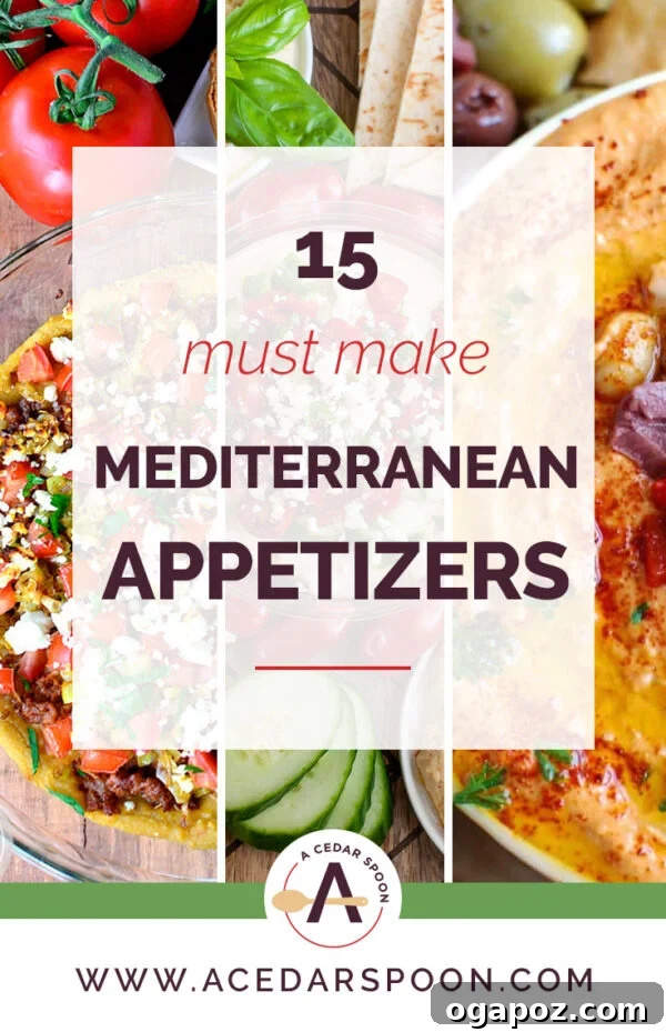 15 Mediterranean Appetizers to Delight Your Taste Buds 2 A colorful spread of 15 Must Make Mediterranean Appetizers, showcasing various healthy dips, spreads, and finger foods perfect for holiday entertaining and parties.