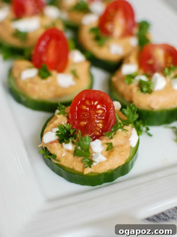 15 Mediterranean Appetizers to Delight Your Taste Buds 12 Cucumber Hummus Bites make the perfect finger food and appetizer for your next party or get together. Crisp cucumbers slices are topped with roasted red pepper hummus, tomatoes, feta cheese and fresh parsley.