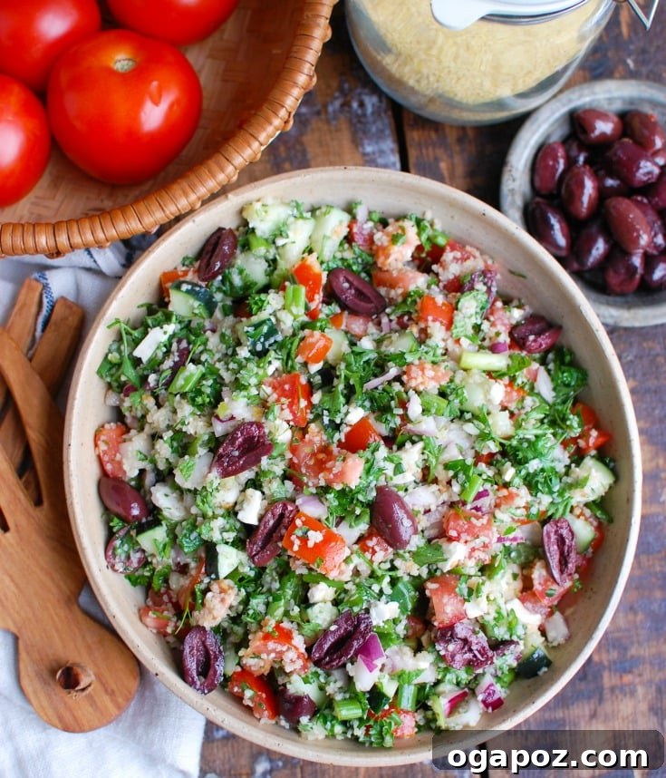Vibrant Greek Tabbouleh Salad 5 Overhead shot of Greek Tabbouleh in a large serving bowl.