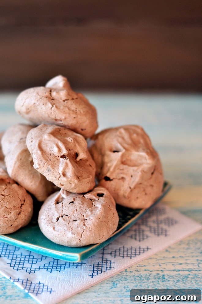 Almond Chocolate Whispers 3 More chocolate almond meringues on a white background, highlighting their delicate texture