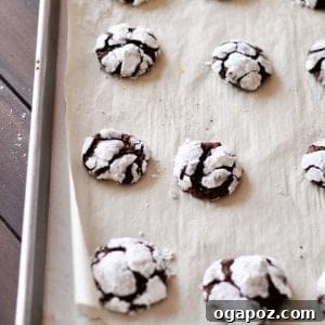 Chocolate Snowball Cookies baked on parchment-lined baking sheet.