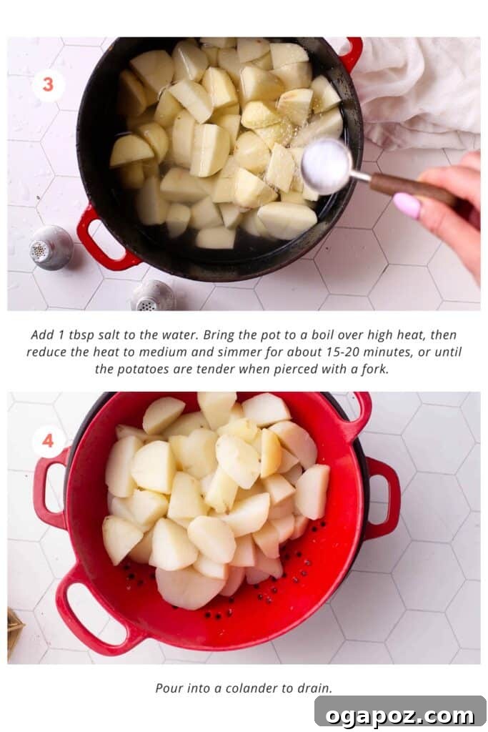The Mashed Potato Recipe That Changes Everything 5 Potatoes boiling in salted water, then being drained into a colander after cooking until tender.
