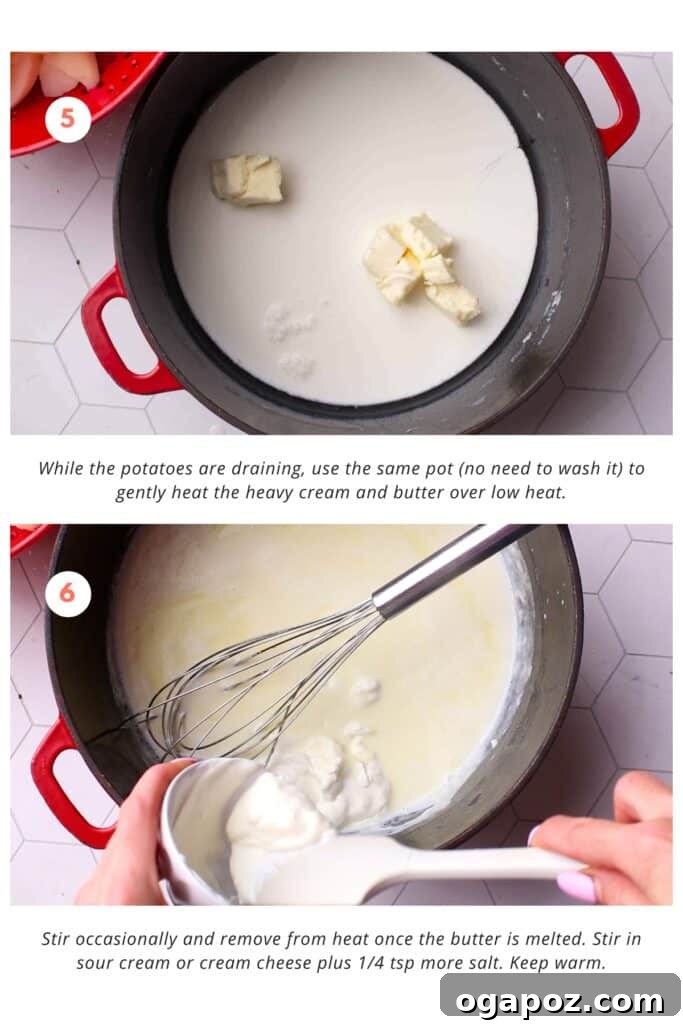 The Mashed Potato Recipe That Changes Everything 6 Heavy cream and butter gently warming in a saucepan, ready to be incorporated into the mashed potatoes.
