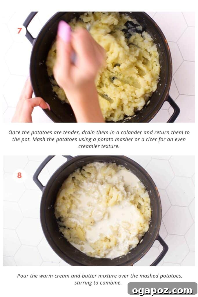 The Mashed Potato Recipe That Changes Everything 7 Hot, drained potatoes being mashed with a potato masher, with warm cream and butter mixture poured over them, ready for combining.