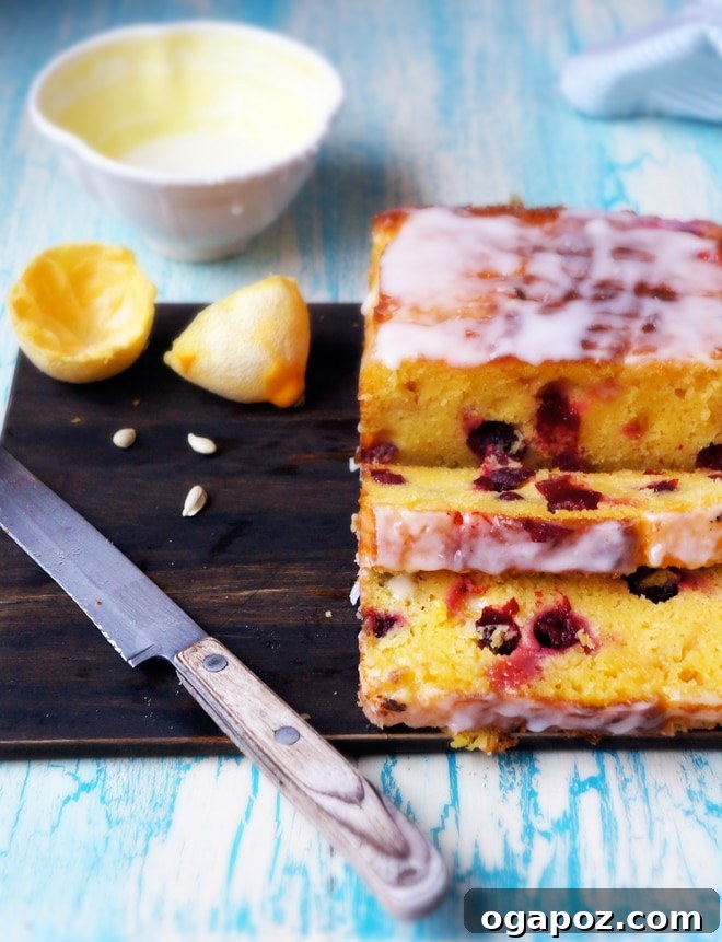 Vibrant Cranberry Lemon Cake with Zesty Glaze 5 A beautifully baked Cranberry Lemon Loaf with lemon icing drizzled on top, garnished with fresh cranberries and lemon slices.