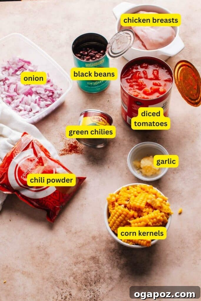 Velvet Chicken Chili 3 A carefully arranged display of ingredients for Cream Cheese Chicken Chili on a wooden countertop, including chicken breasts, onion, garlic, black beans, corn, diced tomatoes, green chilies, and a bowl of chili powder.