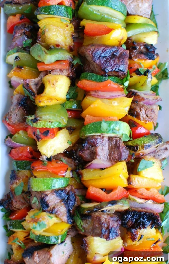 Island Paradise Steak Skewers 2 Grilled Hawaiian Steak Kabobs Up Close - Tender steak and pineapple on skewers