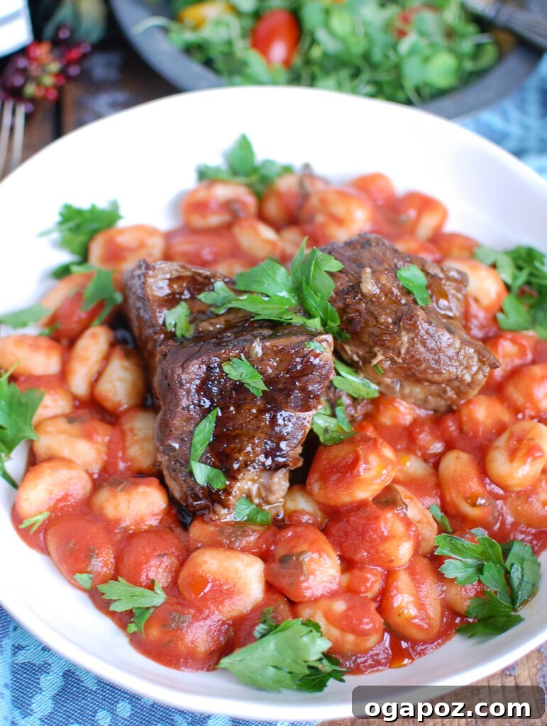 Balsamic Glazed Short Ribs 2 Slow Cooker Balsamic Short Ribs in a white bowl, garnished with fresh parsley.
