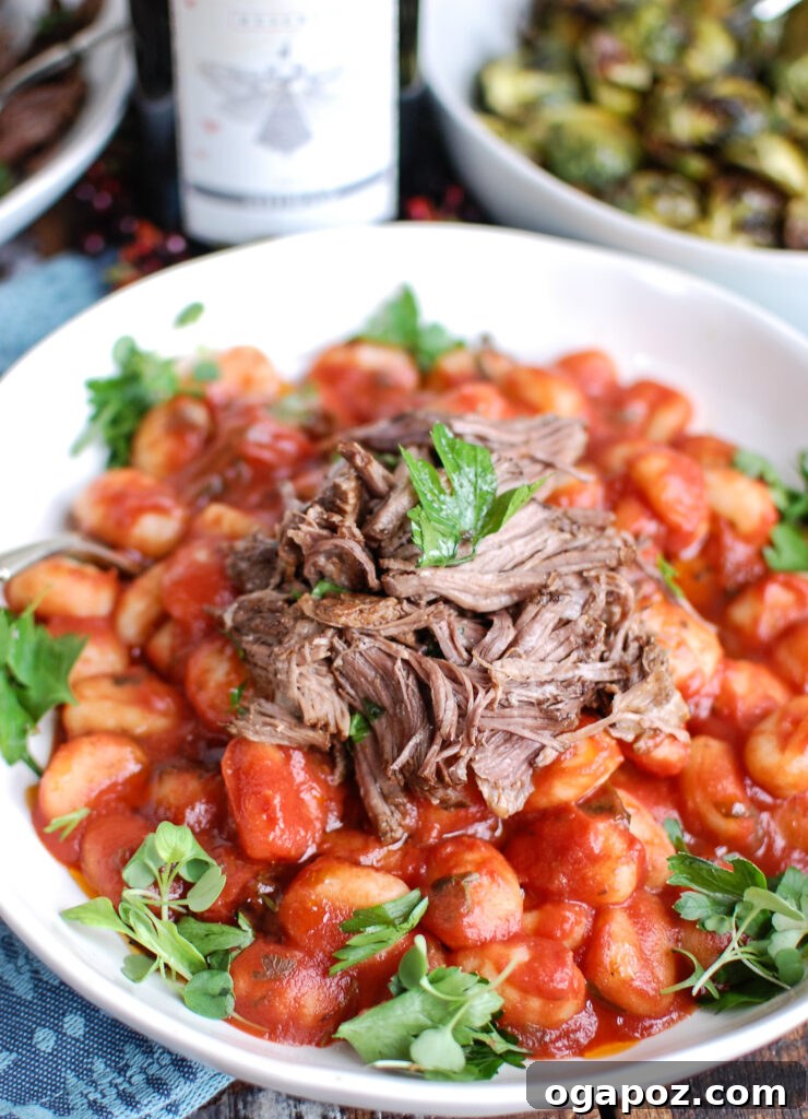Balsamic Glazed Short Ribs 4 Slow Cooker Balsamic Short Ribs shredded beef served over gnocchi.