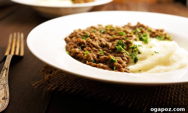 Hearty Lentil Puree with Whipped Potatoes 2 A steaming bowl of creamy lentils with fresh parsley garnish, ready to be served.