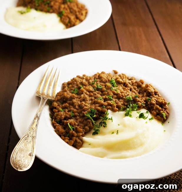 Hearty Lentil Puree with Whipped Potatoes 4 A bowl of creamy lentils garnished with fresh parsley, captured from an overhead perspective.