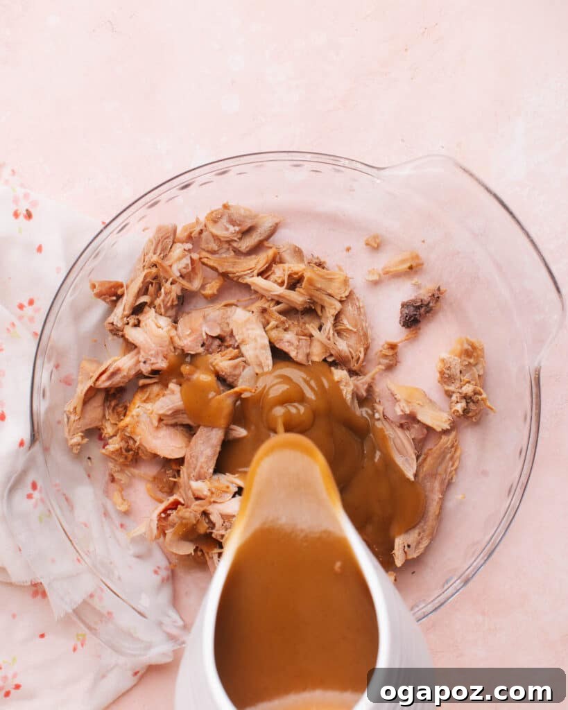 Thanksgiving Encore Casserole 5 Pouring rich gravy over shredded turkey leftovers in a bowl.