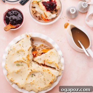 Thanksgiving Leftovers casserole with a slice removed.