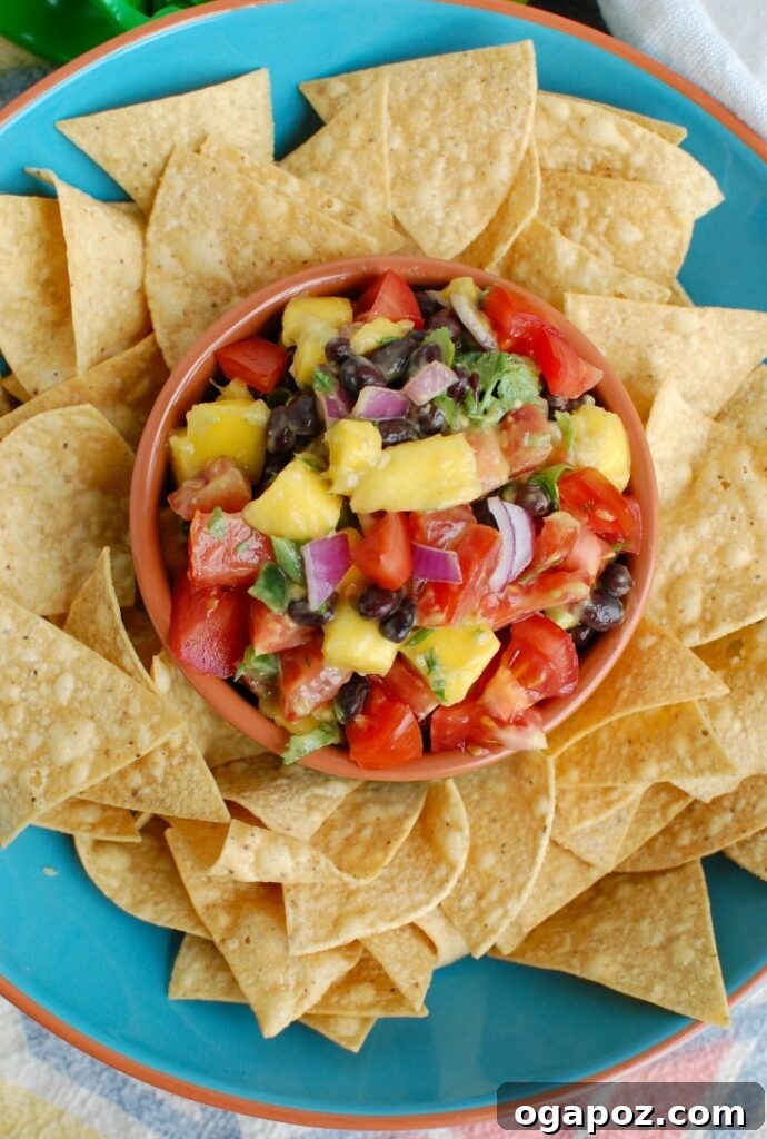 Overhead shot of freshly prepared Mango and Black Bean Salsa in a serving bowl, garnished with fresh cilantro