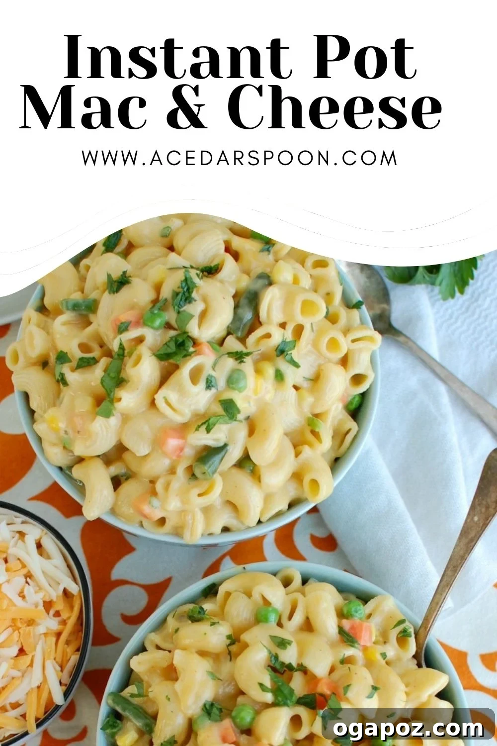 A bowl of Instant Pot Vegetable Mac and Cheese, showcasing the rich texture and colorful vegetables.