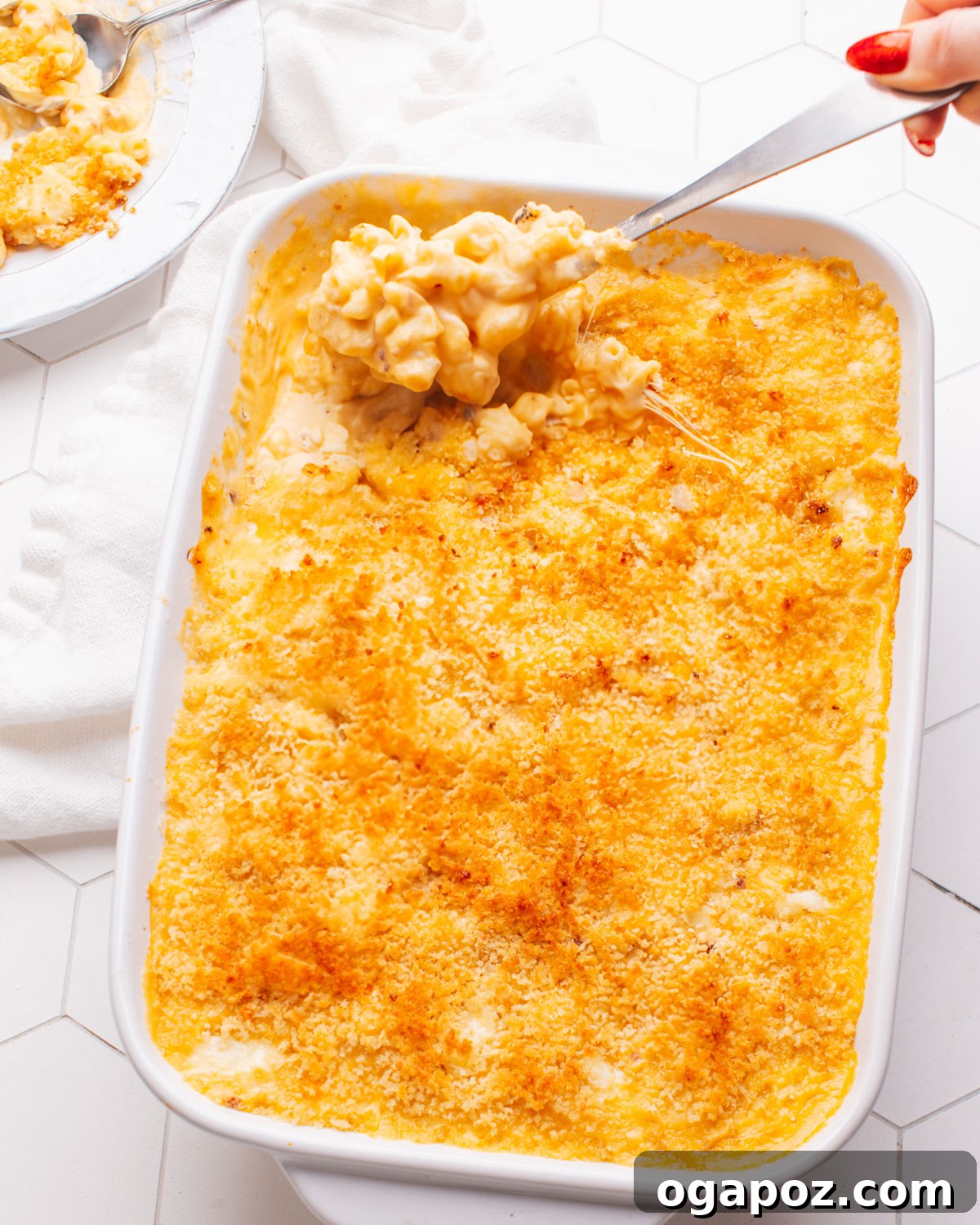 Classic Velvety Baked Macaroni and Cheese 2 A classic baked macaroni and cheese, golden brown and bubbly from the oven, served in a cast iron skillet, ready to be enjoyed.