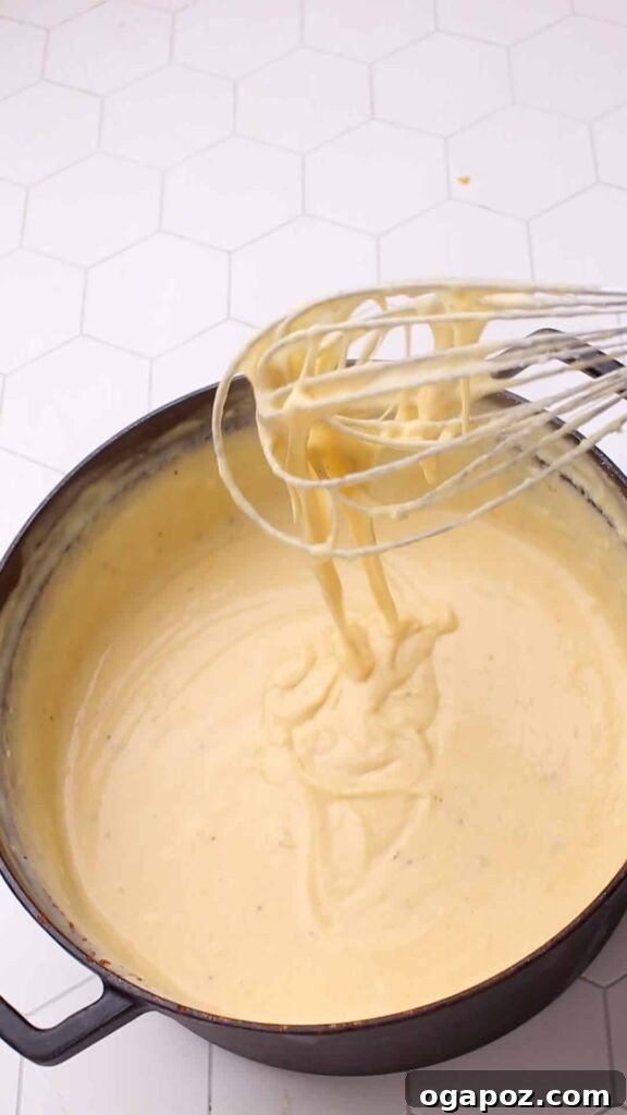 Classic Velvety Baked Macaroni and Cheese 20 A whisk stirring a creamy, bubbling cheese sauce in a saucepan.