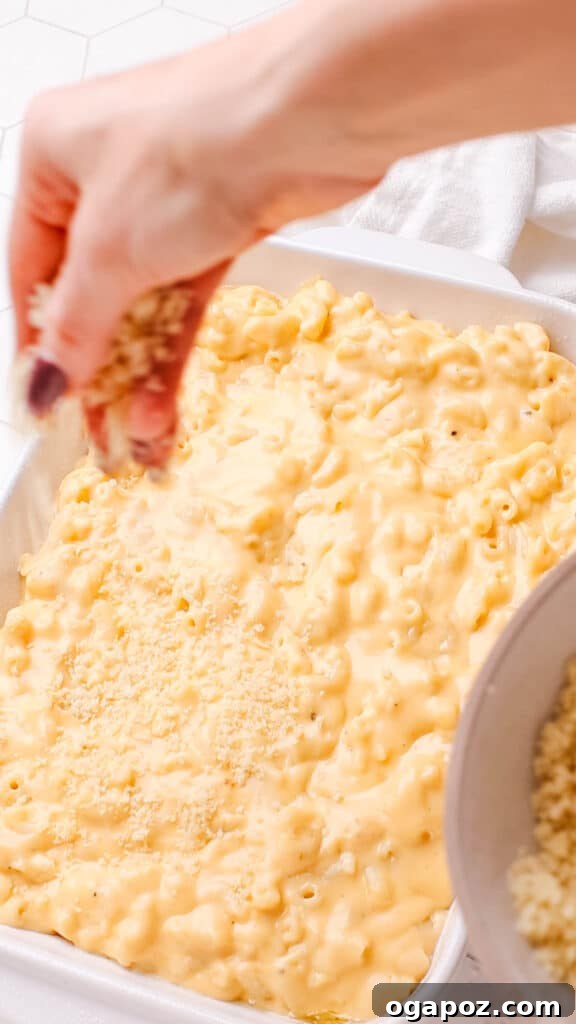 Classic Velvety Baked Macaroni and Cheese 8 Adding crispy breadcrumbs over a baking dish of macaroni and cheese before baking.