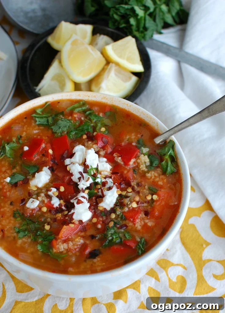 Hearty Tomato and Red Pepper Bulgur Soup 4 A serving of Tomato Red Pepper Bulgur Soup generously garnished with fresh parsley, highlighting its vibrant color and fresh toppings.