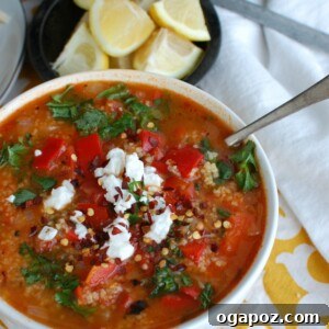 Tomato Red Pepper Bulgur Soup with parsley.